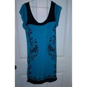 Ira Soliel Women’s  Blue Lined Midi Dress With Peacock Print. Size Large. B51